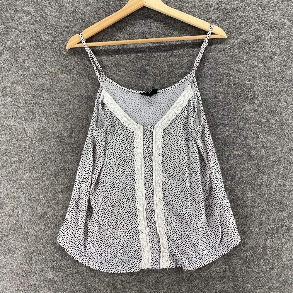 Fifty Street Cami Top Women L Large White Polka Dot V-Neck Sleeveless Button